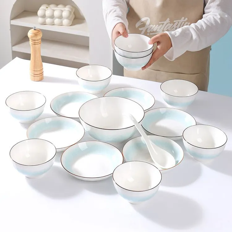 【渐变色碗盘餐具套装】家用陶瓷釉下彩碗盘组合创意米饭碗盘子餐具