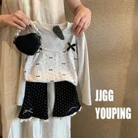 女童春秋套装儿童波点蝴蝶结喇叭裤宝宝假两件长袖上衣洋气时髦款