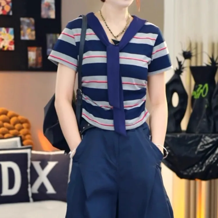 百搭海军领上衣女夏季薄款胖MM大码女装显瘦修身撞色条纹短袖T恤