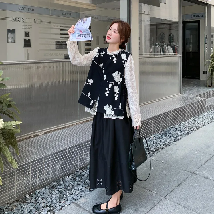 复古氛围感马甲半身裙套装2025春秋新款小众韩系松弛感显瘦两件套