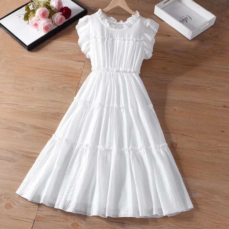 法式小飞袖白色收腰显瘦公主裙2025新款女夏季甜美木耳边连衣裙夏