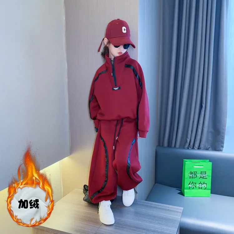 女大童加绒加厚套装秋冬装2025新款洋气女孩卫衣运动裤潮酷两件套