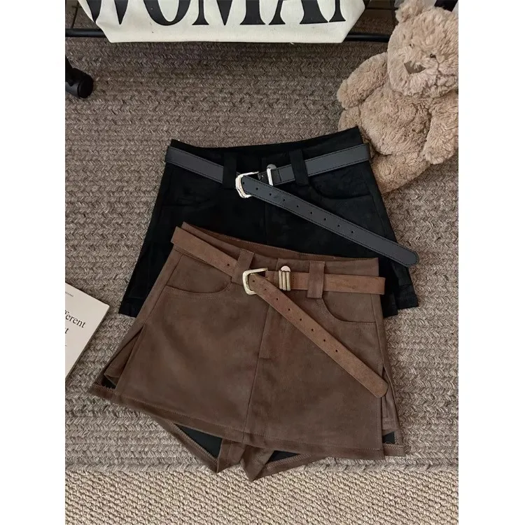 咖色复古辣妹鹿绒皮半身裙女秋季新款高腰显瘦A字裙防走光短裙子