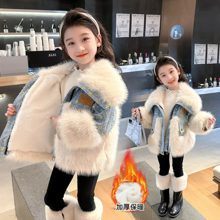 女童仿皮草加绒加厚牛仔外套秋冬款2024新款洋气棉服冬装韩版棉衣