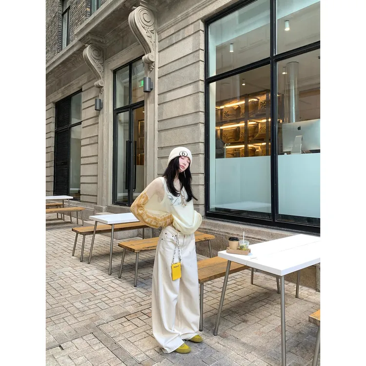 区区欧阳 泼墨涂鸦牛仔裤女秋季宽松复古阔腿裤直筒长裤拖地裤子