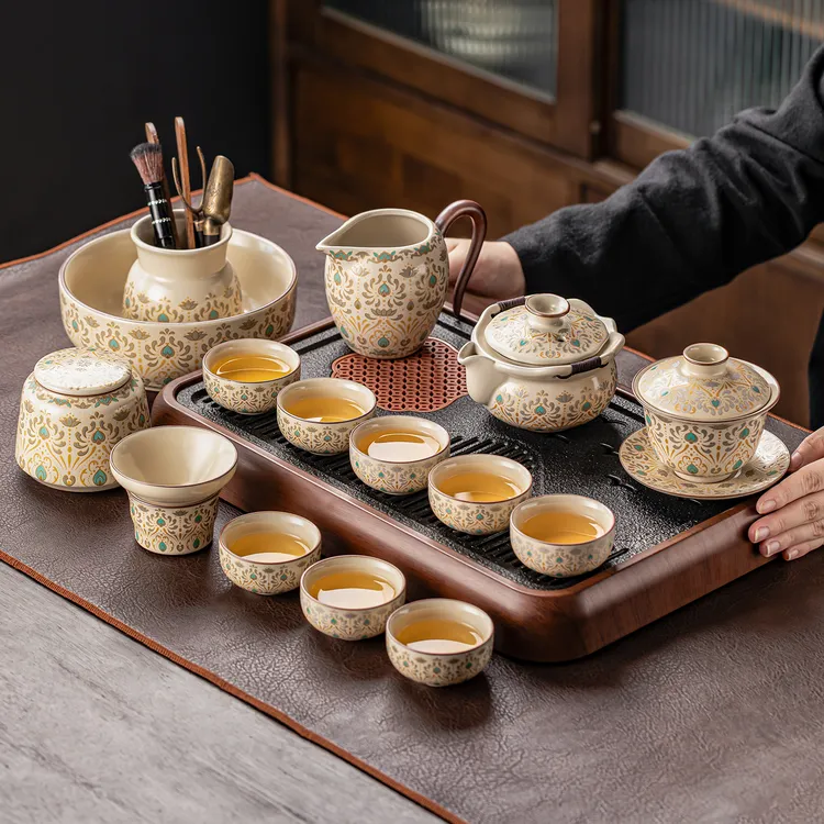 米黄汝窑一整套功夫茶具套装办公室客厅泡茶专用茶具送长辈礼盒装