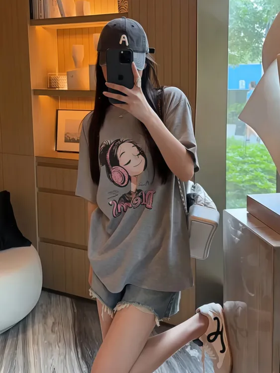 韩版圆领设计感卡通印花T恤女2025夏季新款镂空宽松休闲短袖上衣