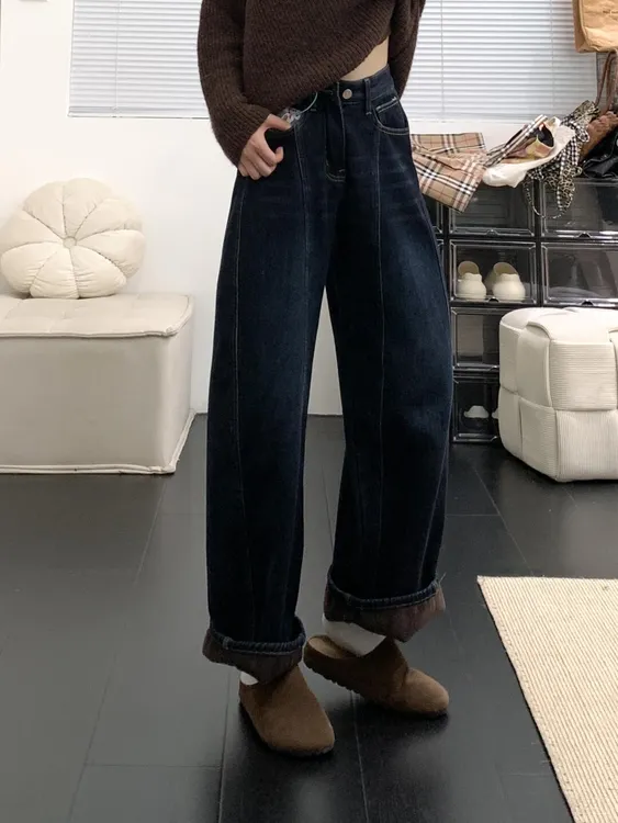 蓝灰加绒加厚宽松阔腿牛仔裤女2025秋冬新款拼接设计感弯刀裤垂感