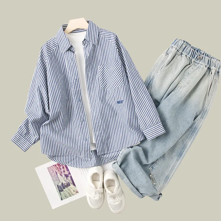 吴小越w1014男童衬衫长袖儿童上衣春秋款韩范中大童外套翻领衬衣