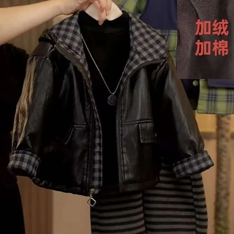 男童加绒皮衣外套2025新款冬季儿童宝宝连帽女童加厚夹克秋冬套装