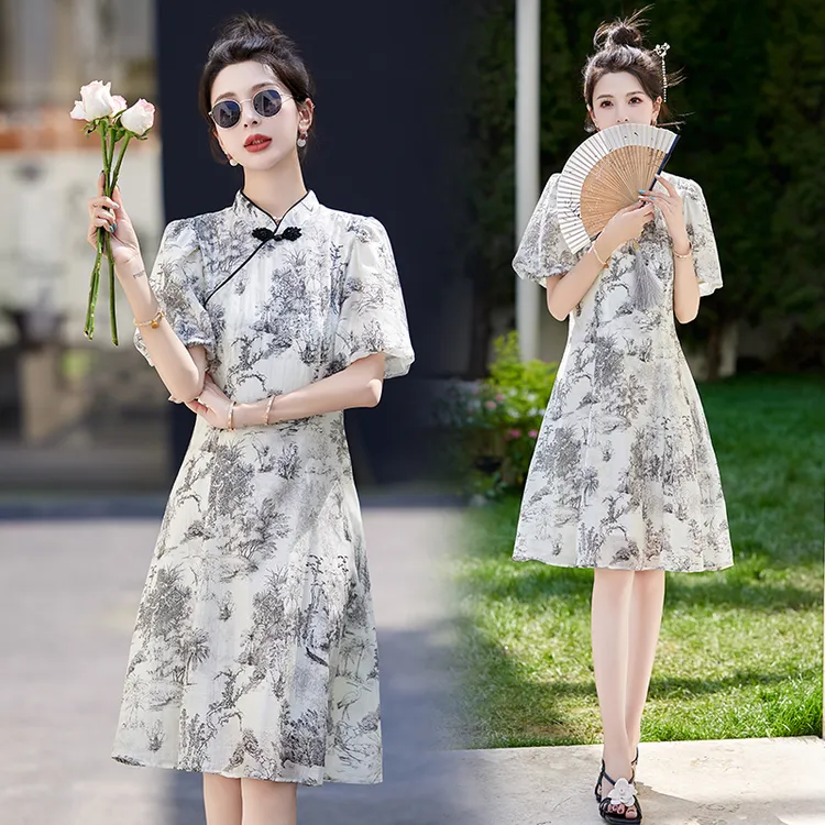 新中式国风复古印花连衣裙女2025夏季新款改良旗袍气质中长款裙子