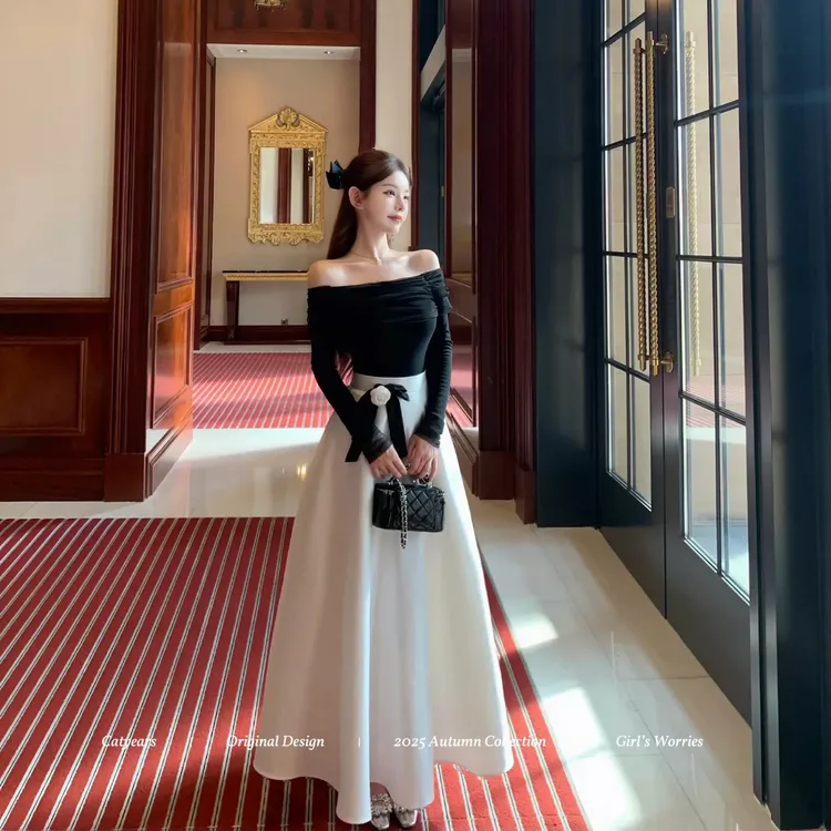 Catyearr喵年 奢雅典范~网纱褶皱一字肩针织上衣+大A摆半身裙套装