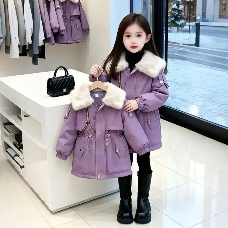 女童秋冬加绒收腰派克服2025秋冬季新款儿童大毛领纯色保暖外套
