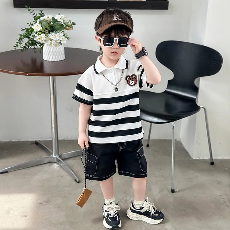 男童夏装套装2025新款儿童翻领短袖夏季衣服条纹宝宝男孩薄款衣服