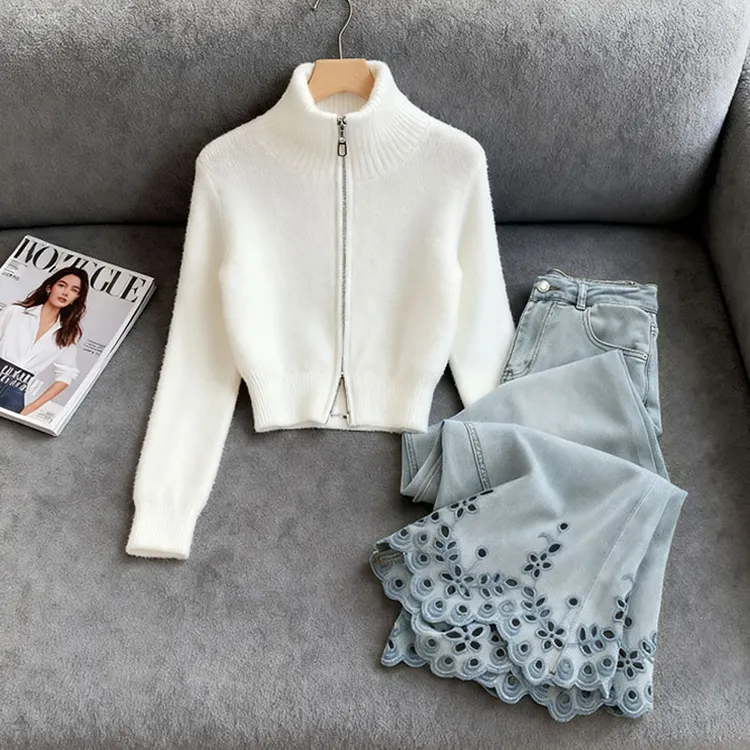 高端慵懒风时尚百搭开衫女款2025秋季新款小个子高腰牛仔裤两件套