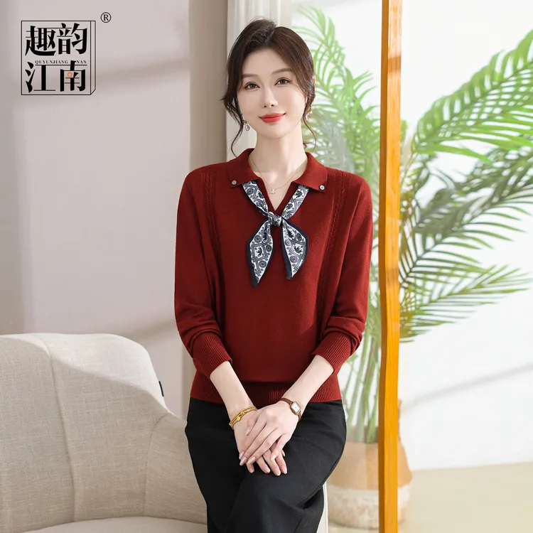 趣韵江南妈妈装2025秋季新款丝巾领纯色针织衫中老年女宽松打底衫