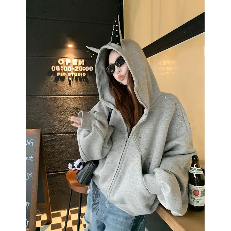 美式设计感犬耳朵连帽宽松铆钉卫衣外套女休闲韩版拉链长袖开衫