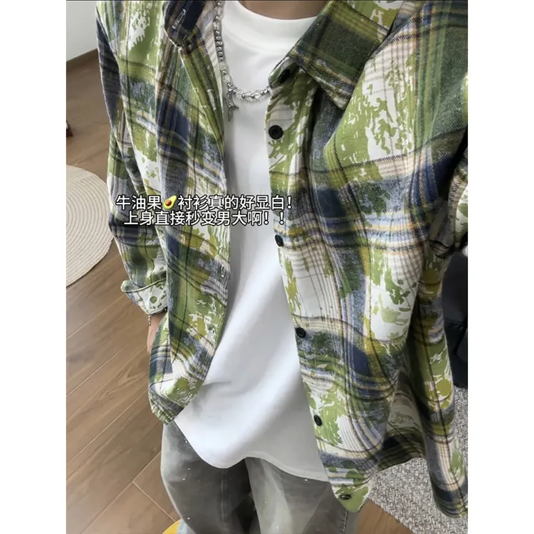 美式扎染格子衫男女款秋夏潮流痞帅翻领ins做旧宽松百搭长袖衬衫