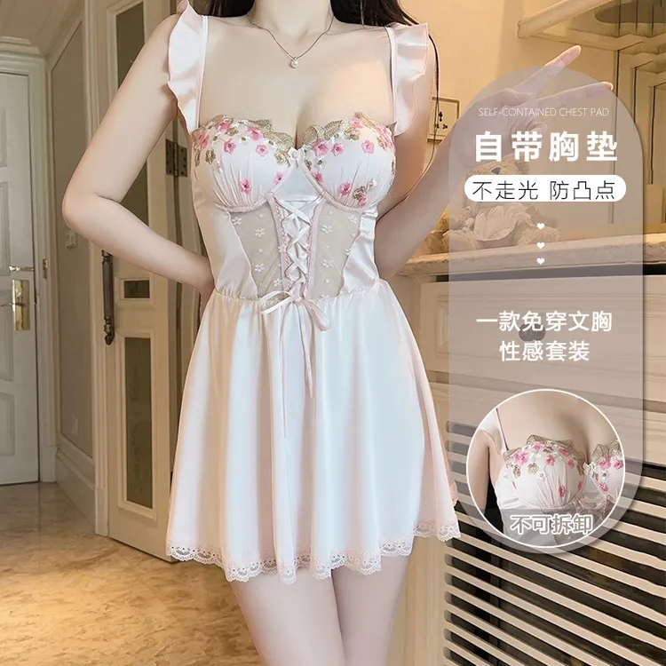 【穿搭秀】女性深V加胸垫纯欲甜美碎花缎面睡裙家居服
