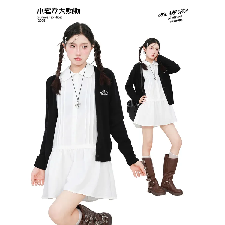 小宅女 多巴胺服装女高级感黑色长袖针织衫外套女白色连衣裙套装