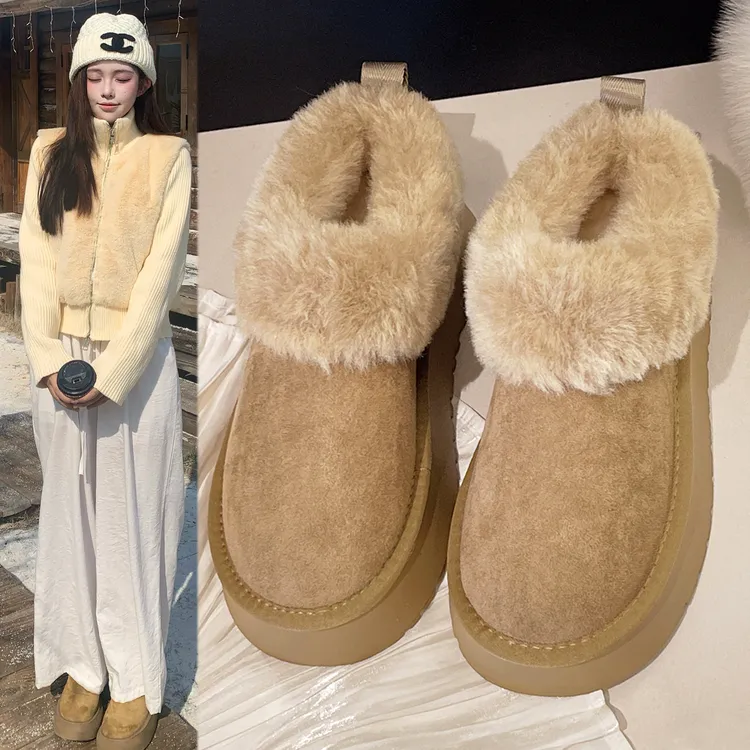 冬季毛毛雪地靴女2025新款厚底防滑加绒保暖毛绒懒人一脚蹬棉鞋子