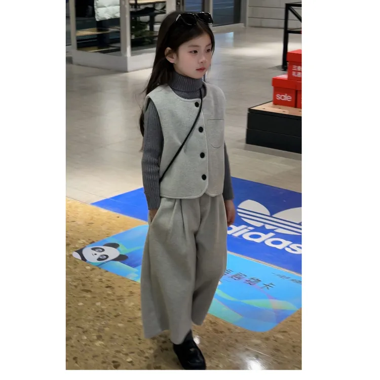 女童冬装套装2025新款儿童时髦毛呢马甲针织两件套小女孩冬季衣服