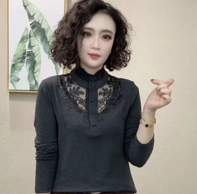 2025冬季新款双面绒花边领减龄气质长袖女T恤打底衫显瘦上衣#966