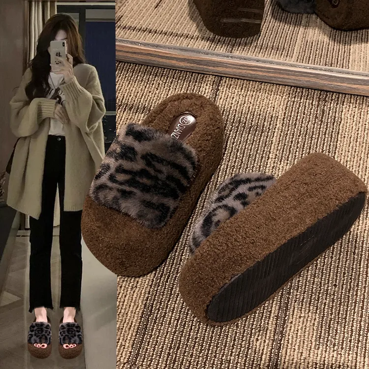 增高小个子时尚外穿豹纹毛毛拖鞋女2025秋冬新款厚底防滑保暖棉拖
