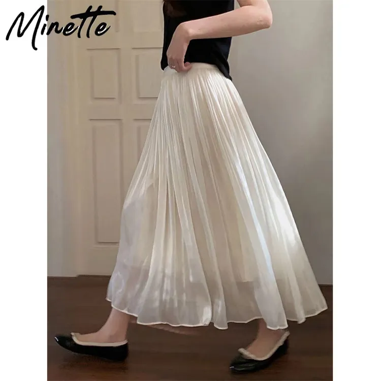 minette高腰梨型身材珠光流纱裙亮丝薄款半身裙显瘦春夏a字裙子女