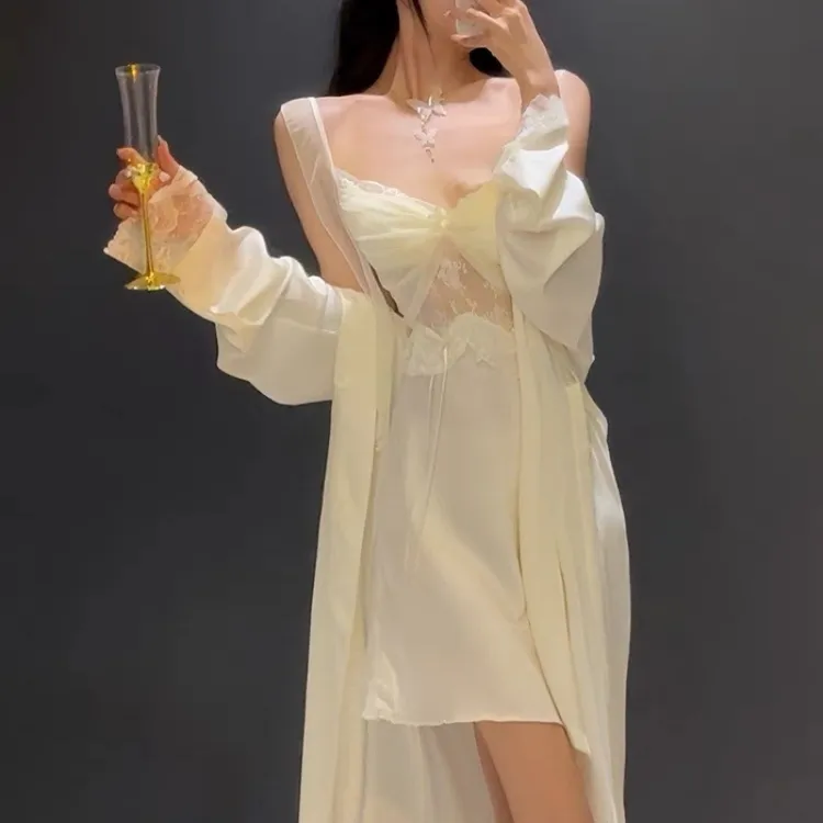 [热销爆款]夏季新款冰丝睡裙女纯欲风性感吊带外袍仙女风高级感家