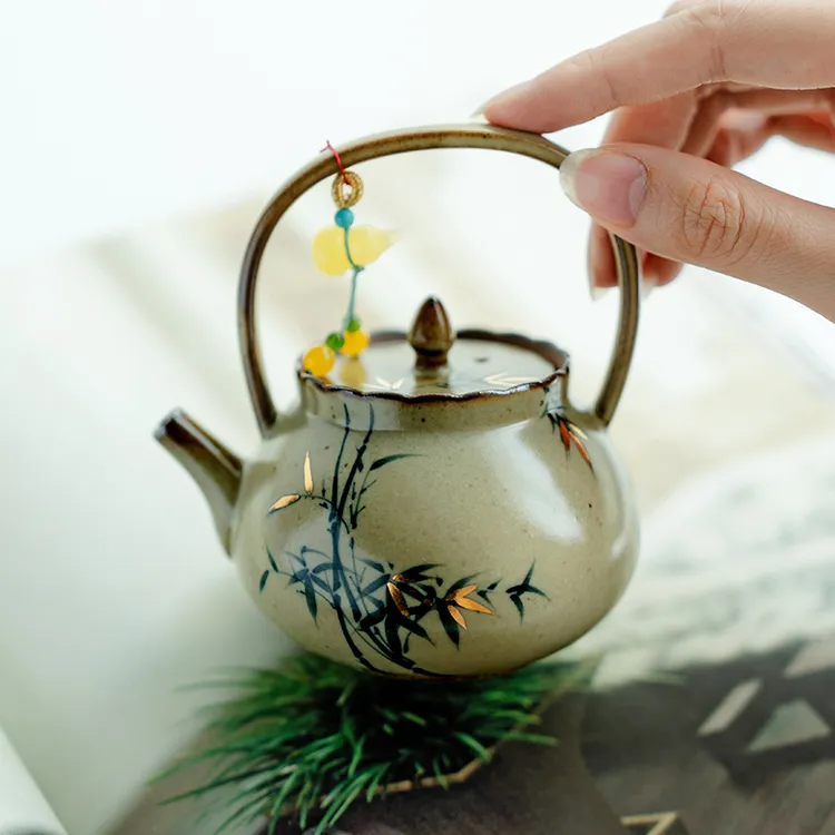 德白仿古窑变纯手绘青竹提梁壶陶瓷茶壶单壶茶具新中式精致泡茶器