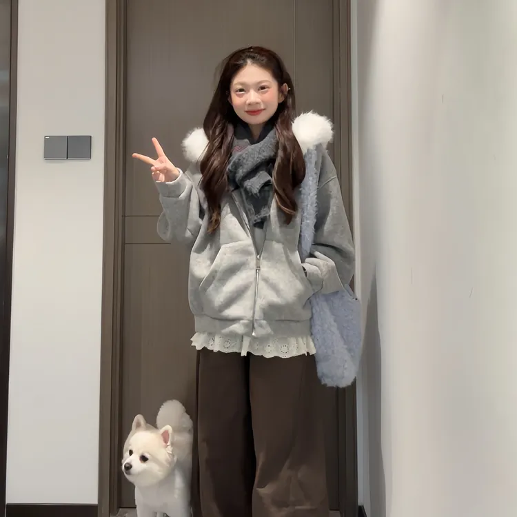 粉色少女感毛呢连帽外套女冬季新款独特超好呢子大衣