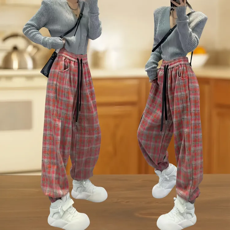 加绒保暖高腰格子哈伦裤女秋冬新款复古宽松显瘦休闲运动束脚卫裤
