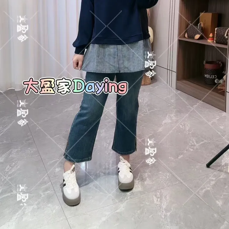 “Daying”1116裤脚小十字九分直筒牛仔裤（加磨毛绒）