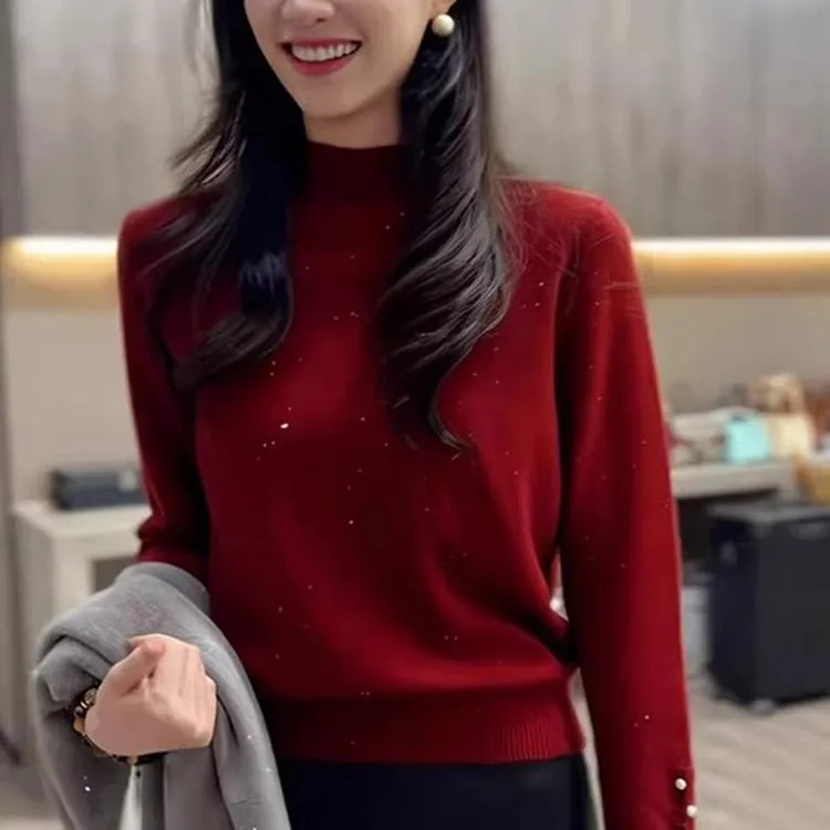 本命年新年红色亮丝半高领针织衫早春大码胖mm超好看减龄显瘦上衣
