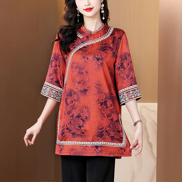 新中式国风立领斜襟中长款短袖上衣