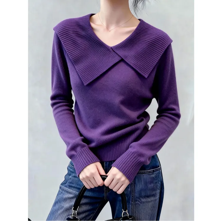 紫色翻领针织衫上衣女2025秋冬新款法式轻熟风高级感洋气时尚毛衣