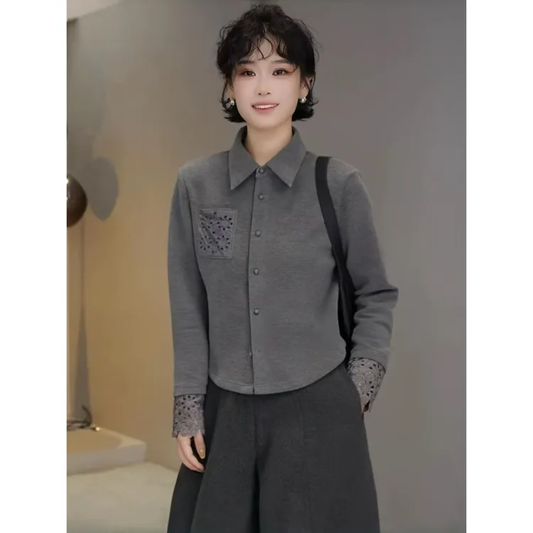 多一“纤月”2025冬季钩花翻领单排扣镂空长袖拼接百搭正肩开衫衬衫