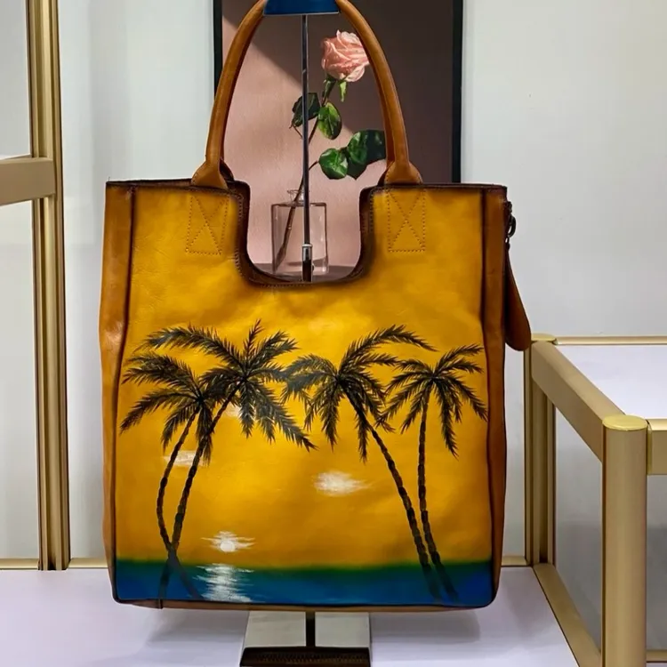 2025复古风椰子树手工托特包单肩包女通勤百搭