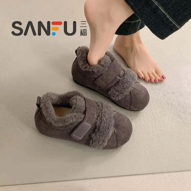 三福灰色勃肯鞋女加绒雪地靴2025新款爆款冬季保暖软底毛毛棉鞋