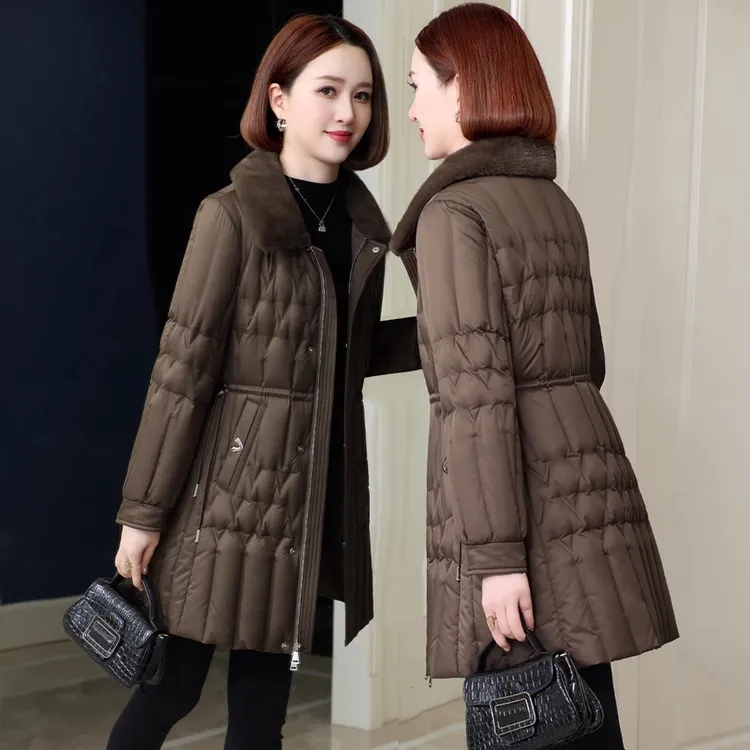 高级水貂毛领中长款年轻妈妈冬季2025新款收腰显瘦鹅绒羽绒服外套
