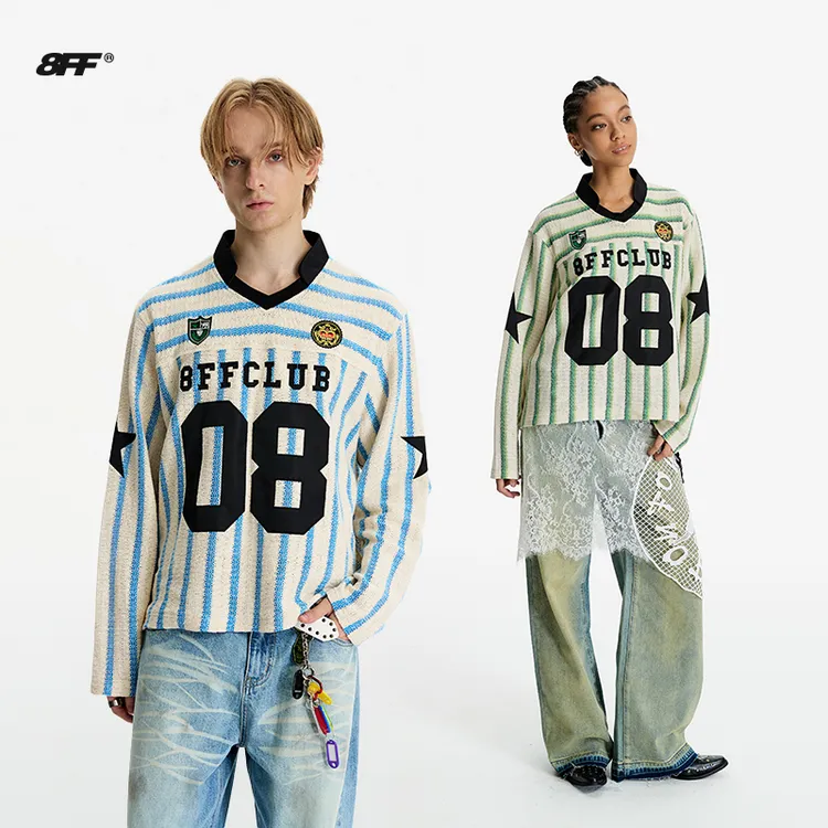 【高瀚宇同款】8FF/25AW美式复古运动球衣绣花短宽松休闲条纹长T恤