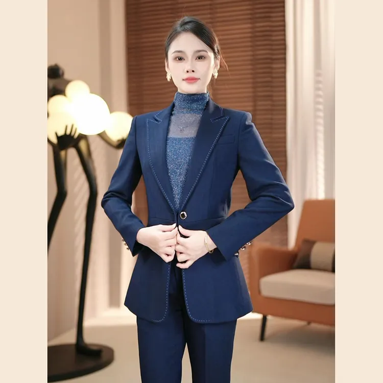 藏青蓝时尚气质职业修身显瘦西服正装秋冬女神范商务西装套装