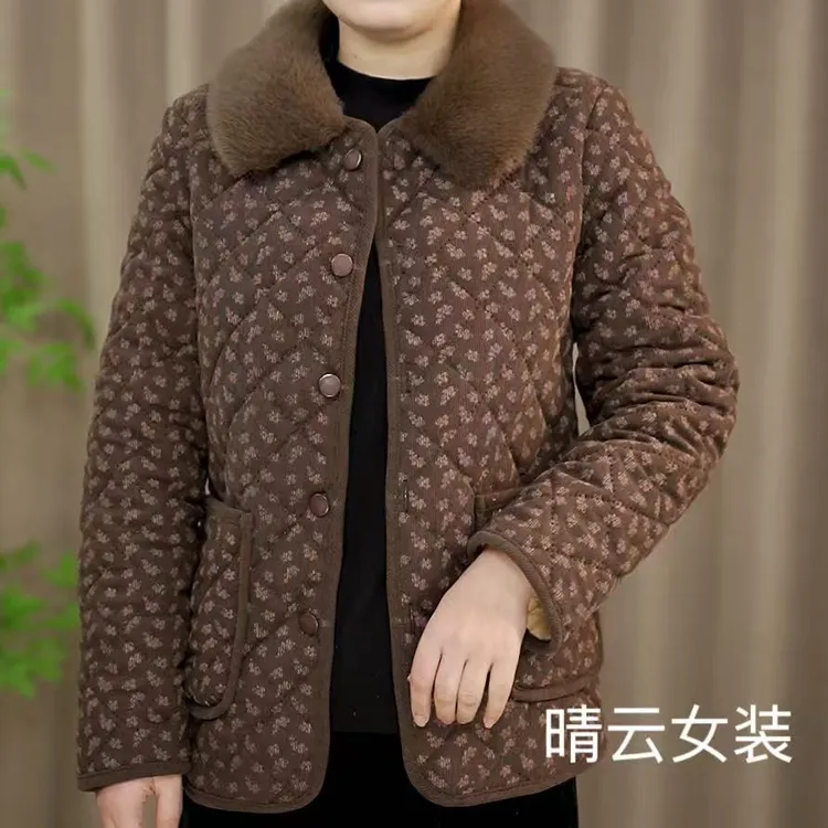 2025新款妈妈秋冬加绒棉衣中老年女装加厚碎花翻领外穿奶奶装棉衣