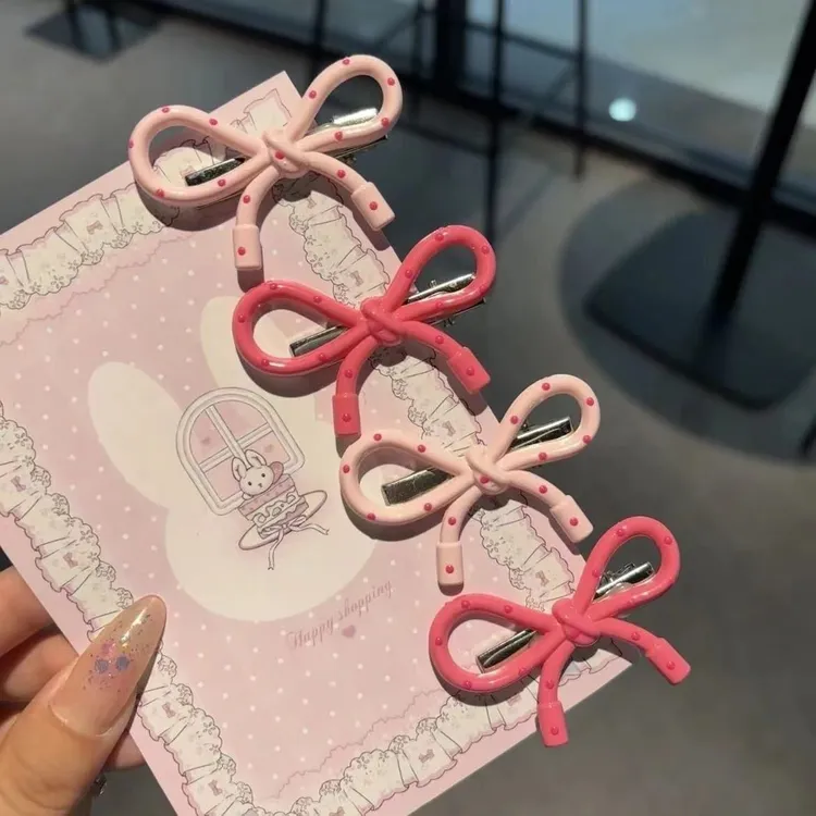 韩系简约波点粉色蝴蝶结鸭嘴ins秋冬百搭海边夹小众头饰发卡甜妹