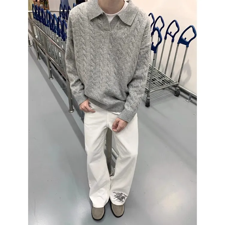 美式复古绞花针织长袖t恤男秋季老钱风高级感polo衫慵懒宽松上衣