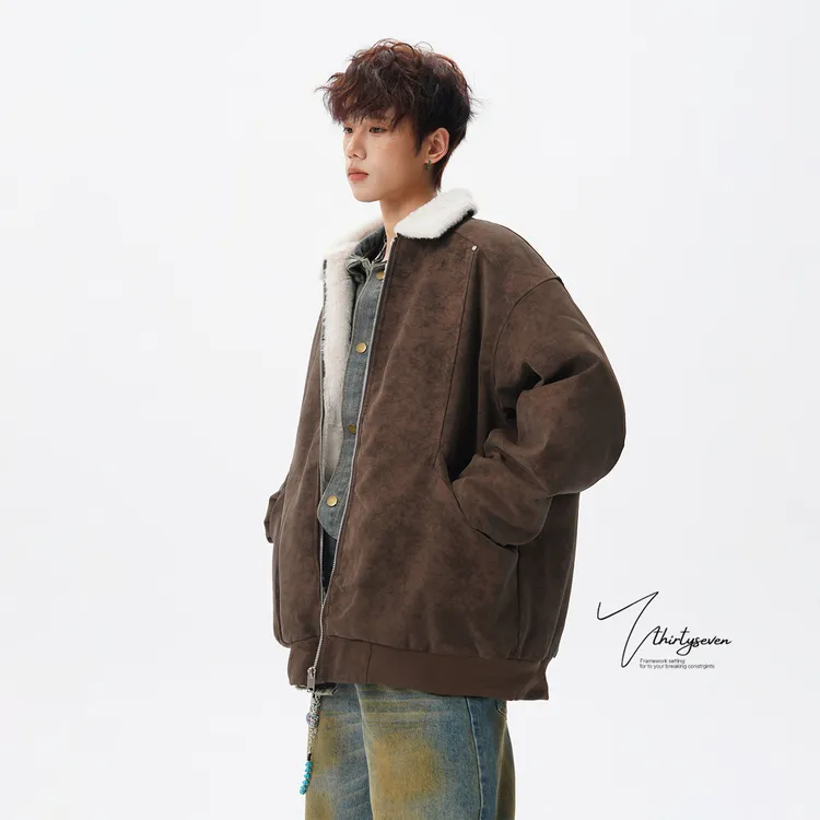V37重磅翻领皮夹克棉服男冬季美式潮牌青少年加厚保暖棉衣