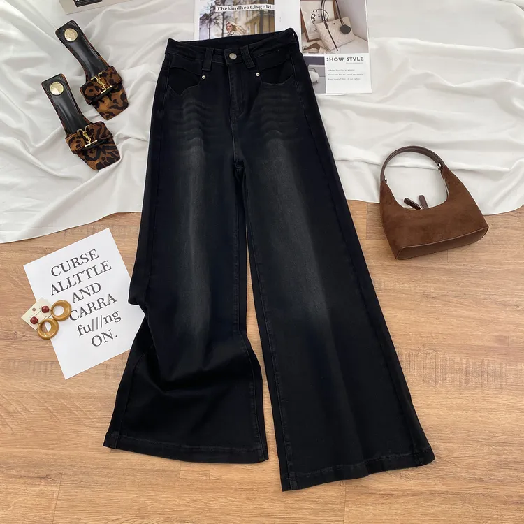 黑色阔腿牛仔裤女秋冬季2025年新款高腰显瘦宽松垂感加绒直筒裤子