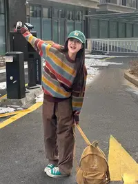 复古彩色条纹卫衣女加绒宽松休闲2025新款秋冬季韩版洋气时尚百搭