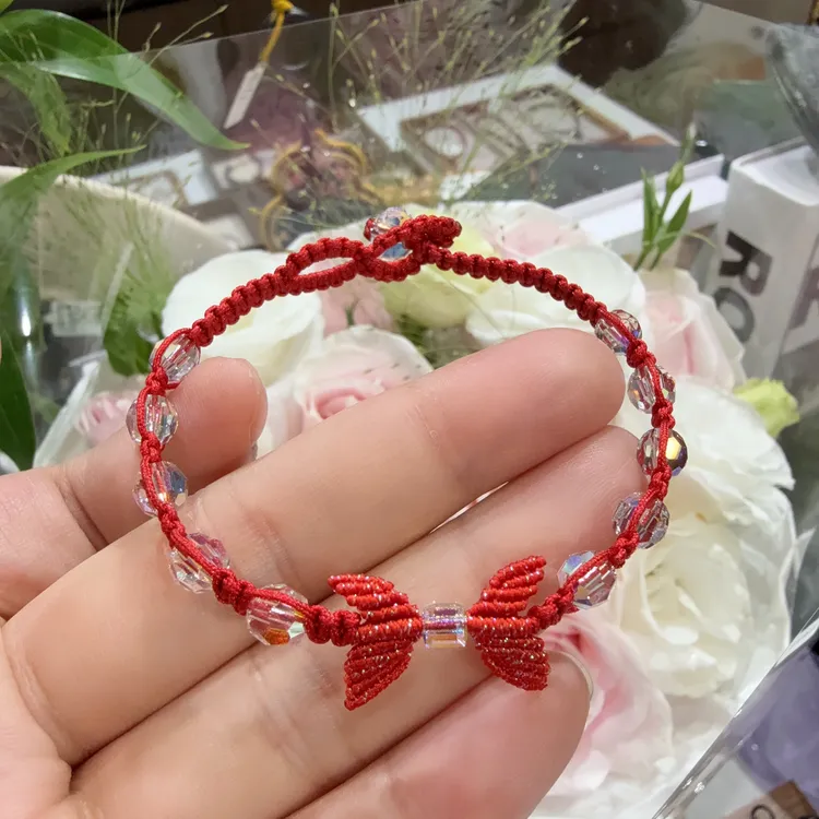 仿水晶手链 【十全十美】精品施华洛重工编织蝴蝶时尚红绳手链5677